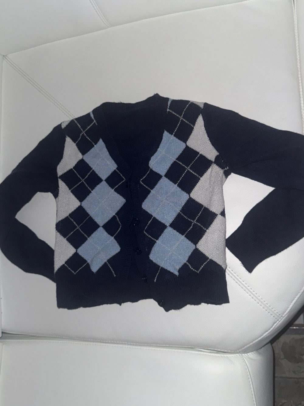 Black Argyle Button-Up Cardigan with Blue and Gray Diamonds